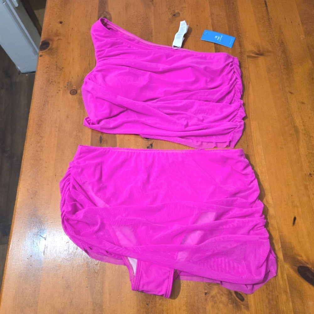 Cupshe Hot Pink Mesh One Shoulder High Waisted Bikini Set Skirt Size Large NWT